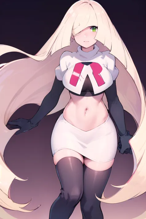 masterpiece,best quality,1girl,mature female,lusamine,blonde hair,green eyes,very long hair,(hair over one eye:1.3),team rocket,team rocket uniform,white skirt,red letter R,crop top,black thigh-highs,black elbow gloves,