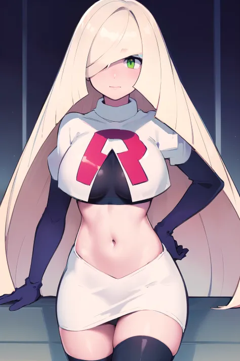 masterpiece,best quality,1girl,mature female,lusamine,blonde hair,green eyes,very long hair,(hair over one eye:1.3),team rocket,team rocket uniform,white skirt,red letter R,crop top,black thigh-highs,black elbow gloves,