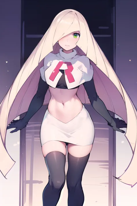 masterpiece,best quality,1girl,mature female,lusamine,blonde hair,green eyes,very long hair,(hair over one eye:1.3),team rocket,team rocket uniform,white skirt,red letter R,crop top,black thigh-highs,black elbow gloves,
