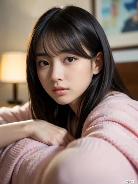 (Best-quality, Masterpiece, Ultra-High-Resolution, (Photorealistic:1.4), Raw Photo, depth of field, professional lighting), (1girl, (((15-years-old))), the most famous Japanese-idol, on sofa), ((wrapped in thick-blanket):1.2), ((extremely realistic lovelie...