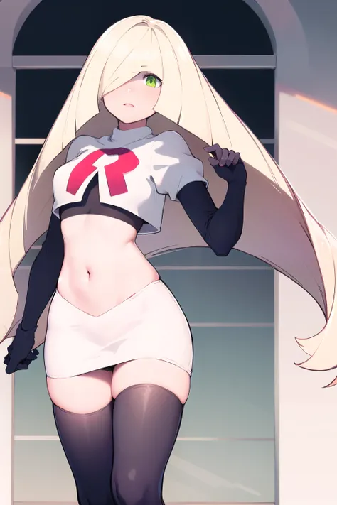 masterpiece,best quality,1girl,mature female,lusamine,blonde hair,green eyes,very long hair,(hair over one eye:1.3),team rocket,team rocket uniform,white skirt,red letter R,crop top,black thigh-highs,black elbow gloves,