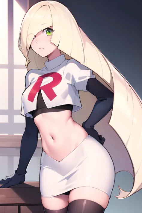 masterpiece,best quality,1girl,mature female,lusamine,blonde hair,green eyes,very long hair,(hair over one eye:1.3),team rocket,team rocket uniform,white skirt,red letter R,crop top,black thigh-highs,black elbow gloves,