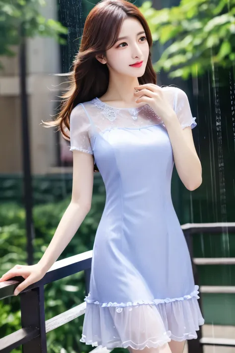 Highest quality、masterpiece、High sensitivity、High resolution、Detailed Description、Slim Body、Glasseini dress、Sudden rain、I don't have an umbrella.、The whole body is wet from the rain、