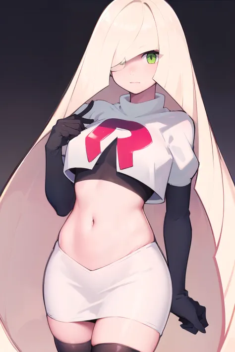 masterpiece,best quality,1girl,mature female,lusamine,blonde hair,green eyes,very long hair,(hair over one eye:1.3),team rocket,team rocket uniform,white skirt,red letter R,crop top,black thigh-highs,black elbow gloves,