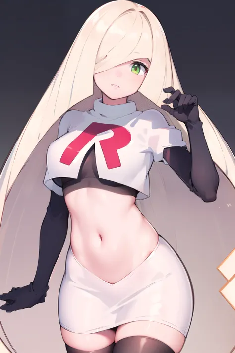 masterpiece,best quality,1girl,mature female,lusamine,blonde hair,green eyes,very long hair,(hair over one eye:1.3),team rocket,team rocket uniform,white skirt,red letter R,crop top,black thigh-highs,black elbow gloves,