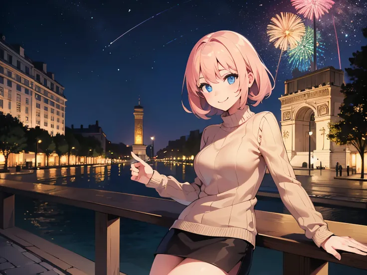  high definition ,Arc de Triomphe Square at night , Illuminations, anatomically correct , one girl ,Outdoor,（ black cock）, blue eyes ,Shining Eyes,smile, pink sweater, beige skirt