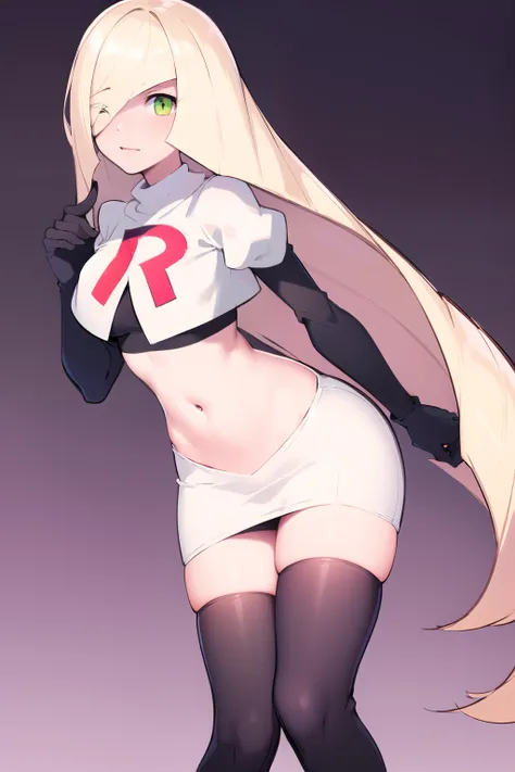 masterpiece,best quality,1girl,mature female,lusamine,blonde hair,green eyes,very long hair,(hair over one eye:1.3),team rocket,team rocket uniform,white skirt,red letter R,crop top,black thigh-highs,black elbow gloves,