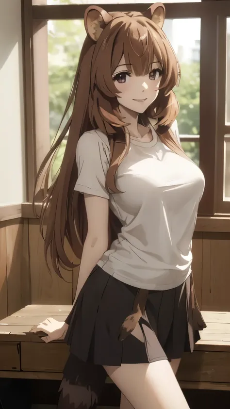 (masterpiece, best quality:1.2), solo, 1girl, mature,raphtalia,racoon girl,racoon ears, smile, looking at viewer,sexy ,large breasts,long legs, arms behind back, white tshirt,skirt, raccoon tail, indoors