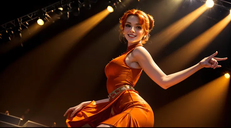 masterpiece, best quality, extremely detailed, hyperrealistic:1.1, photorealistic, a pretty 20s french model, ultra detailed face:1.2, pale skin, orange hair, red mock neck sleeveless dress, half updo, smiling, on live stage, stage lighting, standing, danc...