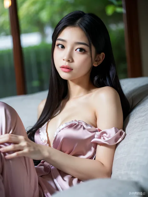 (Best-quality, Masterpiece, Ultra-High-Resolution, (Photorealistic:1.4), Raw Photo, depth of field, professional lighting), (1girl, (((15-years-old))), the most famous Japanese-idol, relaxing on sofa), ((wearing extremely realistic satin-pajamas):1.3), ((e...