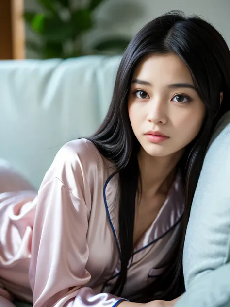 (Best-quality, Masterpiece, Ultra-High-Resolution, (Photorealistic:1.4), Raw Photo, depth of field, professional lighting), (1girl, (((15-years-old))), the most famous Japanese-idol, relaxing on sofa), ((wearing extremely realistic satin-pajamas):1.3), ((e...