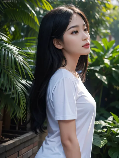  beautiful realistic 26 year old Burmese woman looking at a rainbow、profile、 straight black hair up to the shoulder 、T-Shirts、 full body photo、 （Rear view）、（profile：0.5）、Like looking slightly above、Beautiful realistic 26 year old Myanmar woman looking at t...