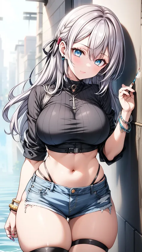 kujou sara genshin effect long shirt ,  masterpiece, bestquality, 1girls, only,  crop top,  jean jan , ( big breasts)  shorts  (...