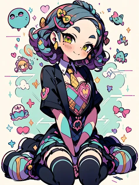 solo, (wariza:1.3), twist curly hair, side parted bangs:1.3, big forehead, black eyeshadow, makeup, magical geometric pattern sexy dress, black fishnet stockings, zettai ryouiki , (I am the main character: 1.3), (fascinating chest: 1.3) ,The world view of ...