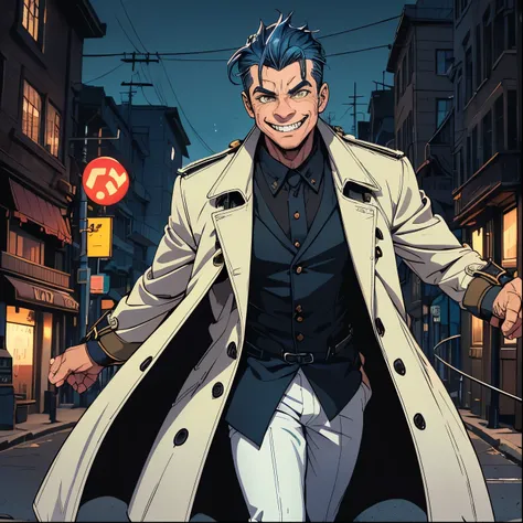 solo male, 34 years old, street background, nighttime, ((slicked back gelled dark blue hair)), yellow eyes, ((sinister grin)), (...