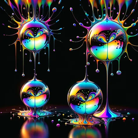 A psychedelic dream, vibrant colors shimmering, glass morphing from colors, intricate rainbow patterns, perfectly formed symmetrical spheres and glowing reflective bubbles, attention to detail on the bubbles and spheres, rainbows of color twisted in and ou...