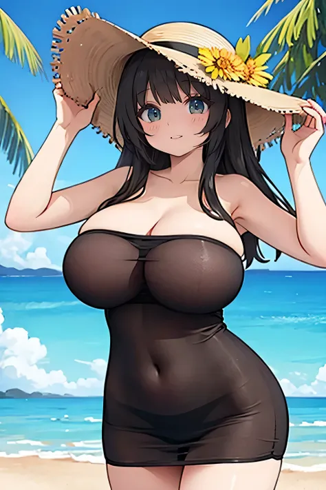 strapless tube dress, gigantic breasts, smile, lips, beach, [black dress], sun hat, see-through