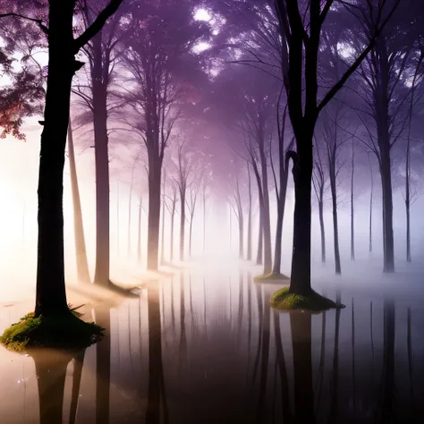 trees in a foggy forest with a puddle of water, purple fog, light purple mist, a mystical misty glow, foggy twilight lighting, extremely beautiful and ethereal, purple mist, foggy morning light, foggy at dawn, misty morning, beautiful and mysterious, glowi...