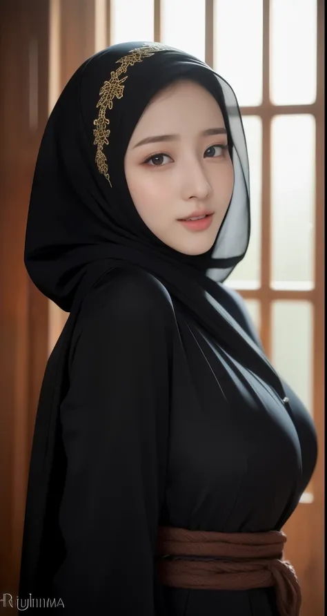 (best quality,4k,8k,highres,masterpiece:1.2),lips very laugh, ultra-detailed,eyes detailed, face bright, face glow,(realistic,photorealistic,photo-realistic:1.37),20 years old girl, (Big breasts), big tits, Pasmina hijab abaya,black hijab pasmina,asian kor...