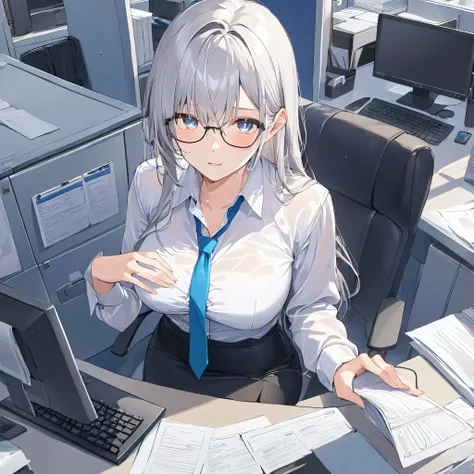 masterpiece, very detailed, best quality, ultra-detailed, anime style. one tall beautiful office woman, long silver hair, stunni...