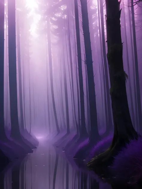 trees in a foggy forest with a puddle of water, purple fog, light purple mist, a mystical misty glow, foggy twilight lighting, extremely beautiful and ethereal, purple mist, foggy morning light, foggy at dawn, misty morning, beautiful and mysterious, glowi...