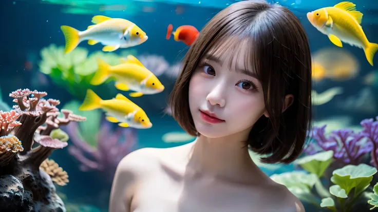 (background, Many colorful jellyfish are lit up in the tank):1.5, (Stand in front of the aquarium located behind), (High Shadow Detail), (short hair, Dark brown hair),  highest quality, masterpiece, Ultra-high resolution, (Realistic:1.3), RAW Photos, (1 Fe...