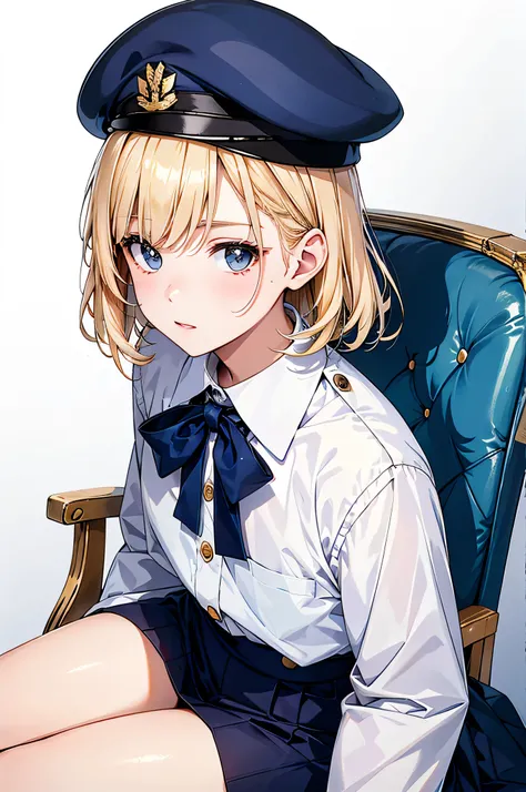  young character 、Inspired by the photo .  this character is short blond ,  white skin,  wearing a navy blue navy uniform and beret ,  sitting on a festive gold tinsel background, High Quality ,Illustration