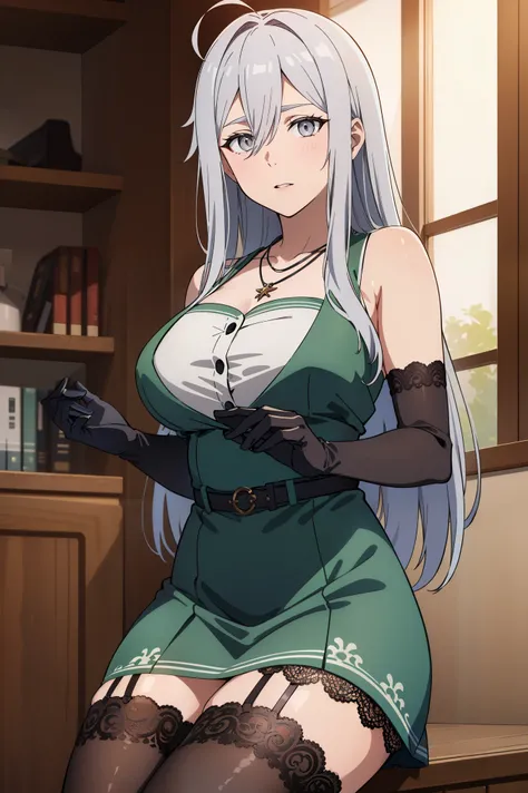 vladilenamilize, vladilena milize, (grey eyes:1.5), 1woman, mature woman, grey hair, hair between eyes, long hair, ahoge,
BREAK ((intricate red Garterbelt, panties, stockings, lace gloves, necklace,dress, green dress, two-tone dress, white dress, sleeveles...