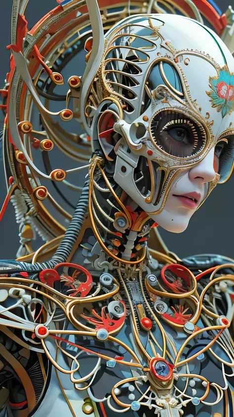 Intricate 3d rendering ultra-detailed beautiful angel of death, biomechanical robot, simulated 150mm lens, beautiful natural soft edge light, neon veins, roots, delicate leaf lace, colorful details, Boris Bidjan Saberi costume, pearl earrings, piercings, a...