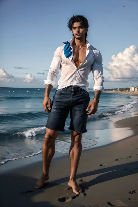 (face: Mariano di vaio), Handsome man with black hair and blueish eye,4k photography, ultra realistic ,full body from head to feet ,fully in clothes white shirt blue shorts at a beach were people are