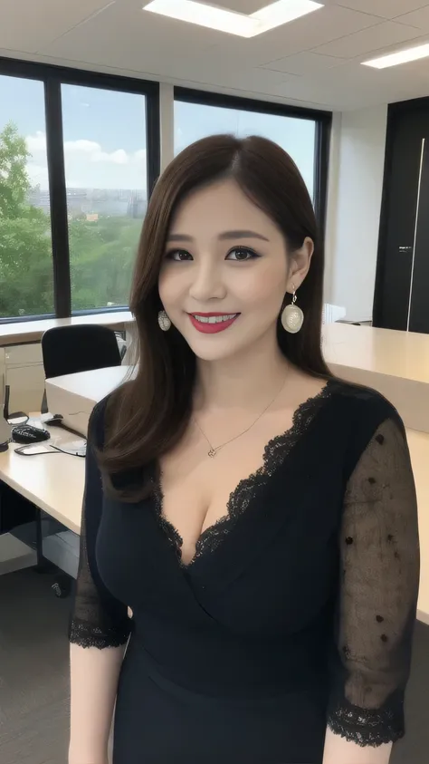 1 Female, Highly detailed 8k wallpaper), Sharp focus, detailed, dramatic, Delicate and beautiful woman, (upturned chest with tension:1.1), Cleavage, Chic lace embossed business dress, Half Butterfly Earrings, double ring necklace, (Wicked Smile:1.05), (45 ...