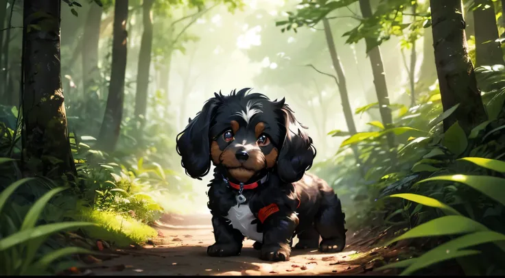 a small black mixed breed puppy, dachshund and poodle, extremely cute and adorable, in a forest setting, beautiful scenery, 8k, detailed, photorealistic, cinematic lighting, vibrant colors, lush foliage, soft focus, depth of field, realistic fur textures