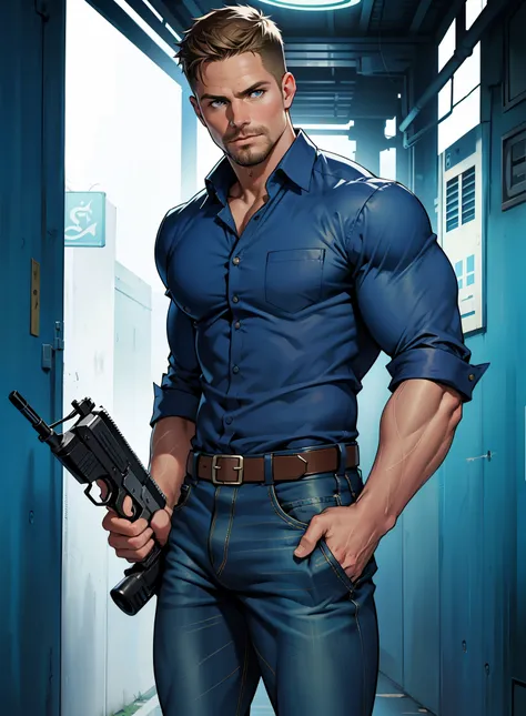 1 man, male focus solo,45 yo man,Stephen AMELL as private investigator,  lean muscle, open blue shirt, marine blue jeans with brown belt ,( big bulge), full body shot, dark blond short hair, well groomed facial hair, holding a gun with one hand, , ultra hi...