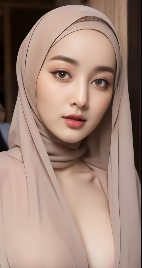 ((wear hijab in head)), pretty hijab girl, in caffe, caffe shop,beutifull long eyelashes, brown eyes, (intricate eye details), d...