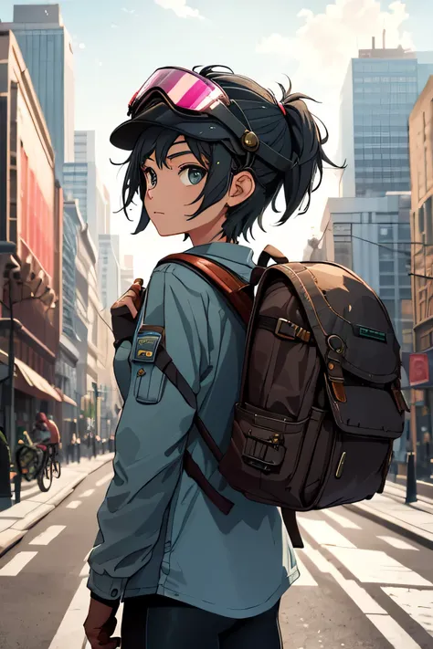 1girl,headgear,visor,backpack,floating hair,looking back, bicycle, cityscape,steampunk,
masterpiece, best_quality,