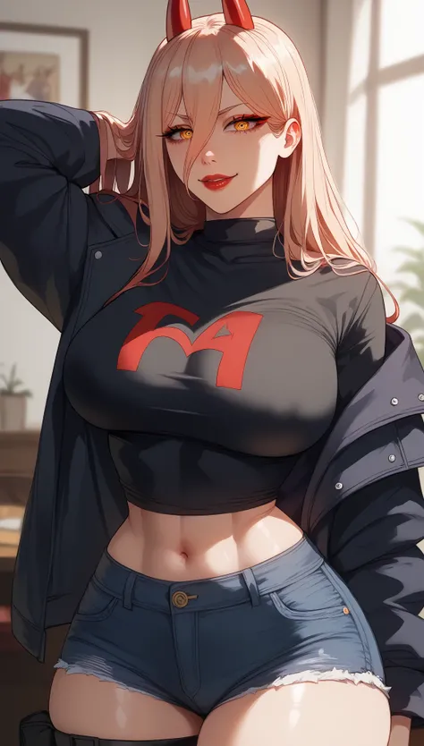  perfect eyes、 perfectly sexy face、ultra detailed、 yellow eyes 、Power、Chainsaw Man、Hair with a light shade of red、shiny hair、( Big breasts ), black shirt、black jacket、Tight Waist、 thin waist 、 dark blue denim shorts、 Thigh straps 、 shiny skin 、 tanned skin...