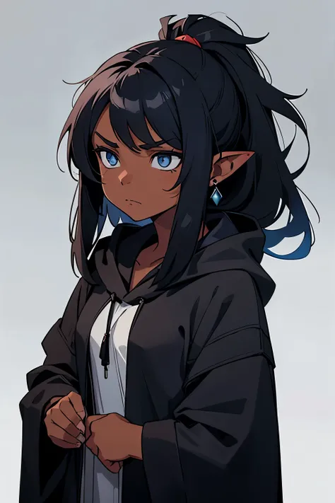 a young woman, with dark skin, with dark blue eyes, Pointed ears,  WITH BLACK HAIR , long hair, hair a little messy, wearing a black robe with a hoodie, cold expression on the face, medieval fantasy style.
