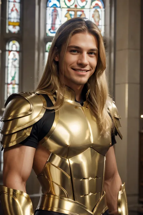 Mens semi-angel ,  thin and handsome but masculine face ,  long blond hair , smiling, muscular,  light white armor with gold details, light eyes, trusted, friendly, clergyman .