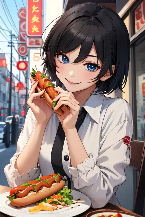 (masterpiece) ,best quality,amazing quality,very aesthetic,absurdres,newest, anime style, BREAK VN_Alicia, town, restaurant, eating hotdog , smile,  perfect hand, star eyes