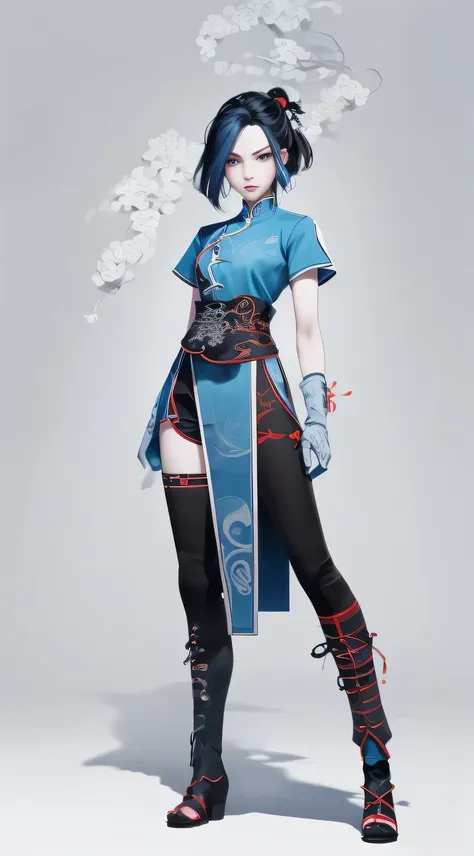 Masterpiece, Best quality, 1 Ji Ruxue, the expression is cold, strong, blue eyes, short hair, wolfcut hairstyle, smoky mix blue color hair, resolute eyes, red lips, simple Taoist Taoist uniform, Chinese mix morden, frontal photo, black or white background,...