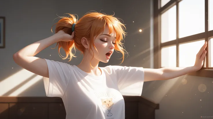 "A hyper-realistic photograph in 8K resolution of a beautiful young woman stretching in the soft morning sunlight. Her casual, slightly oversized white T-shirt clings gently to her form, accentuating her natural curves. The fabric subtly reveals the outlin...