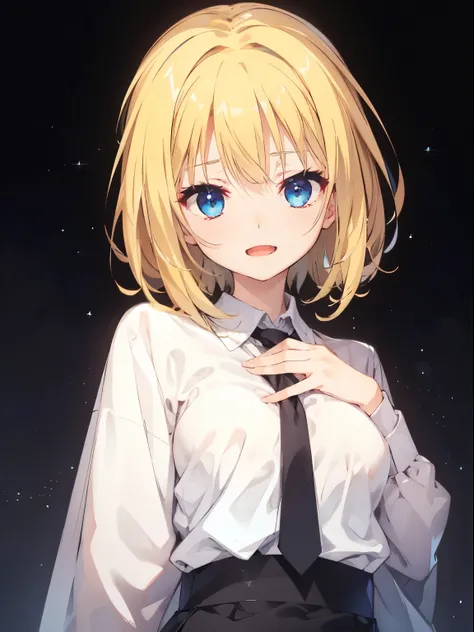 (open mouth, [gentle smile]), Japan, 1 girl, upper body, (facing viewer, looking viewer), standing straight, (blue eyes, (blonde hair), (wavy hair:0.65), medium hair, medium breast), (white shirt, black necktie, black pencil skirt), (gray background), Shar...