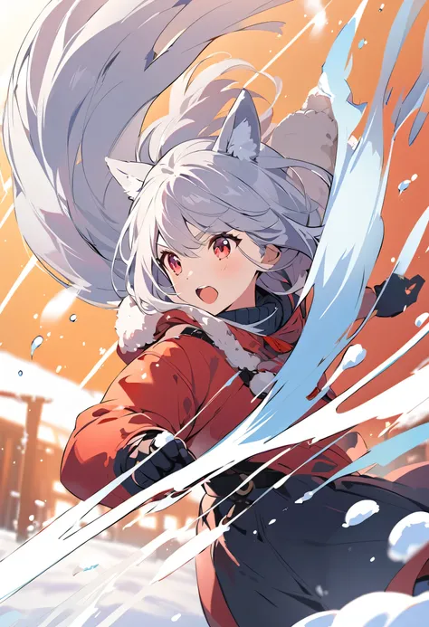 In the snow，Dog Ears Girl，Grey Hair，4-life illustration ，In the snowを走り回る，Throwing snow，playing，