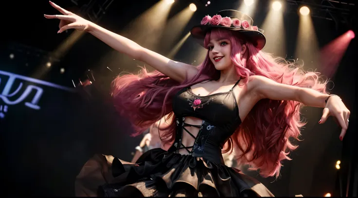 masterpiece, best quality, extremely detailed, hyperrealistic:1.1, photorealistic, a beautiful 20s european girl, ultra detailed face:1.1, black top hat, pink hair, red and black dress, smiling, on live stage, stage lighting, dancing, strenuous movements, ...