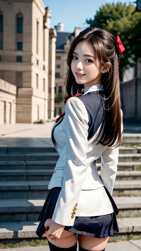 (girl standing on school steps)，charming eyes，heartwarming action，turn away from the camera，(rear view)、(look back)，turn back，lo...