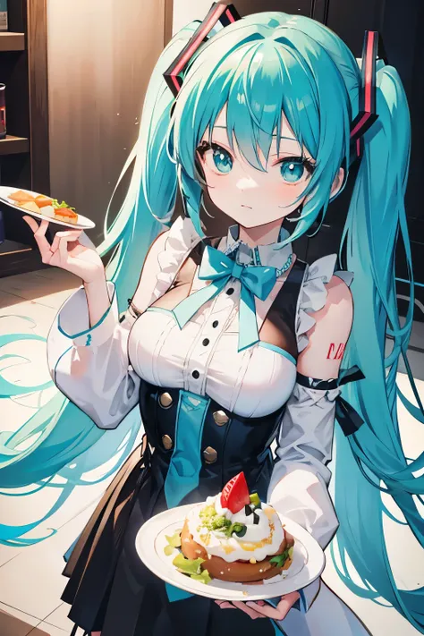 Miku Hatsune bringing a plate with food in her hands.