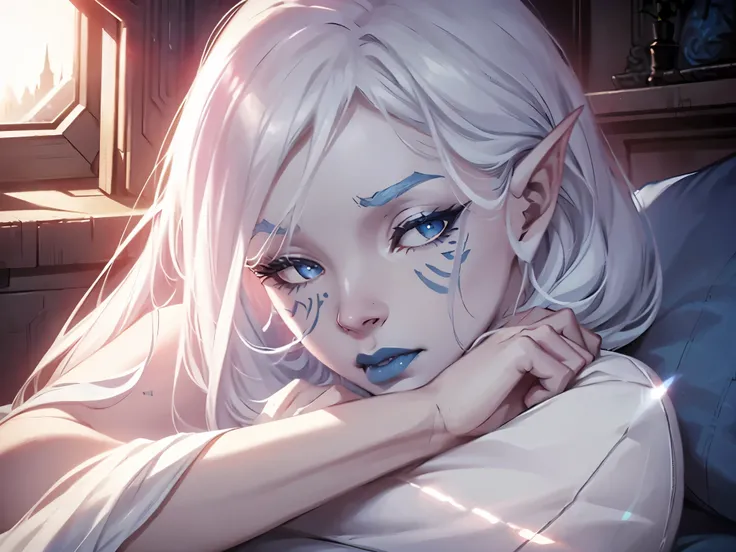 star wars, jarael, alabaster skin, long white hair, ((blue lips)), ((white eyebrows)), curled up, asleep on a plush pillow, sun shining on her, bedroom, peaceful, red nightgown, facial tattoos