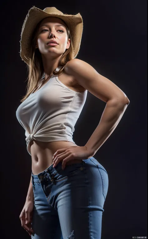 (young Jessica Biel:1.1)( masterpiece:1.3), ( Best quality:1.2), ( intricate detail:1.2), ( hyperrealistic:1.2), text, illustration, crazy resolution , Detailed background , perspective, 1 girl, tight sexy low rise jeans, precise anatomy, (big buttock...