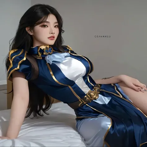  a close up of a woman in a blue dress lying on a bed, ig model | germ of art, inspired by Leng Mei,  Xianxia full body cosplay ,  cosplay of anime girl , like germ of art, extremely detailed germ of art, beautiful and attractive,  Anime character ; full b...