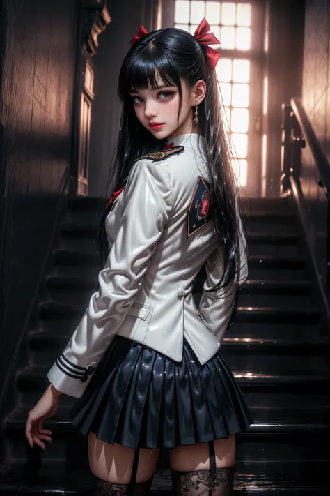 (School stairs), charming eyes,Heartwarming action,A ,(Rear view),(look back),look back,Look up at the head,thick long black hair, highly detailed body, in a skirt {x} very detailed face, best quality,(High school girl),(High school girl),,((White blazer、B...